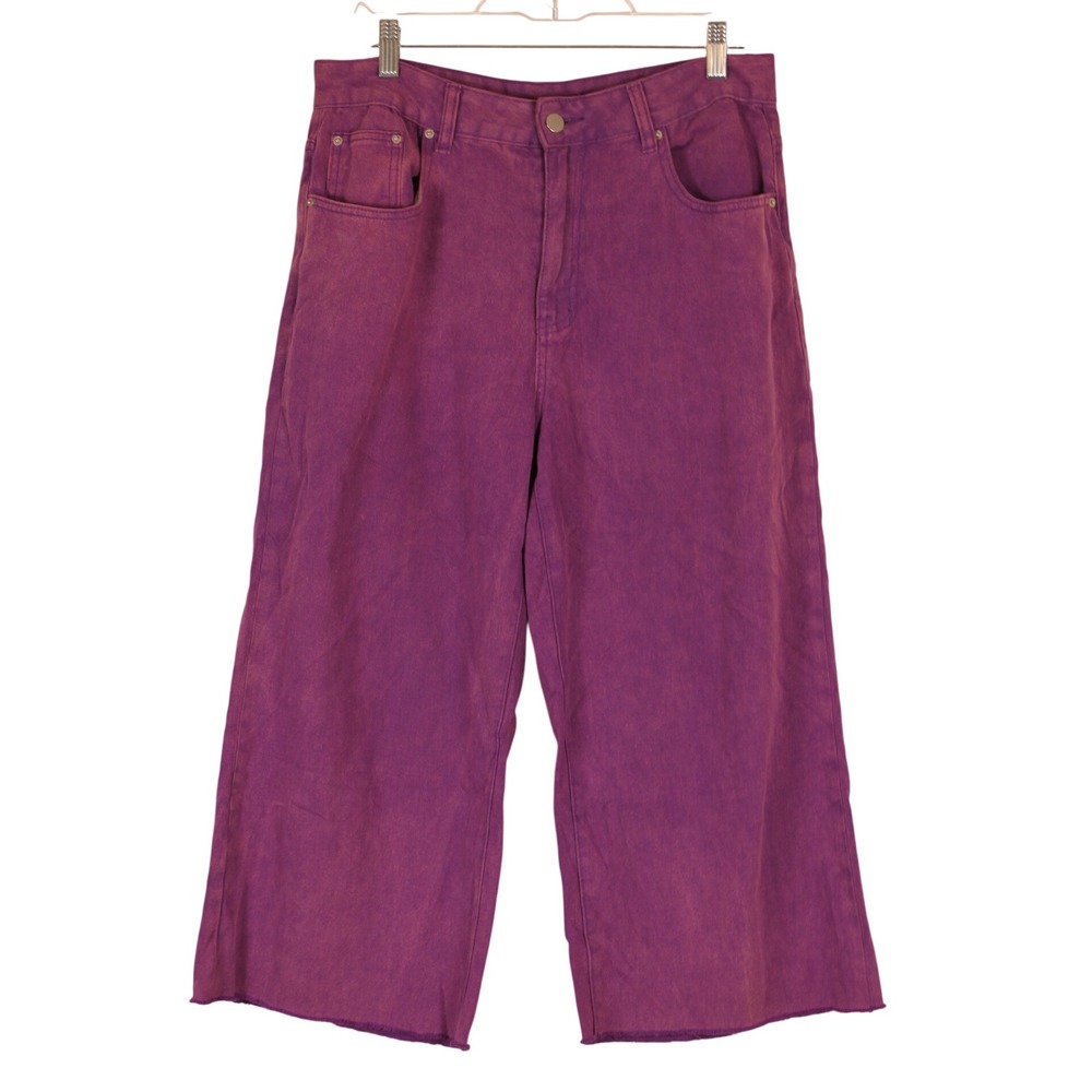 Y2K Skater Streetwear Distressed Purple Wide Leg Denim Cropped High Rise Pants L